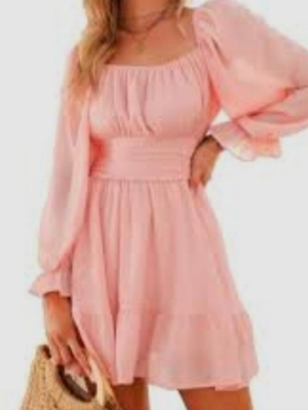 Pink Square-Neck Long-Sleeve Mini Dress